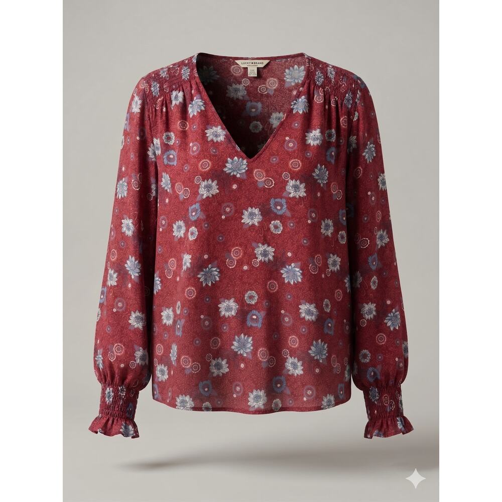 Lucky Brand Womens M Boho Cottagecore Romantic Prairie Smocked V-Neck Blouse‎